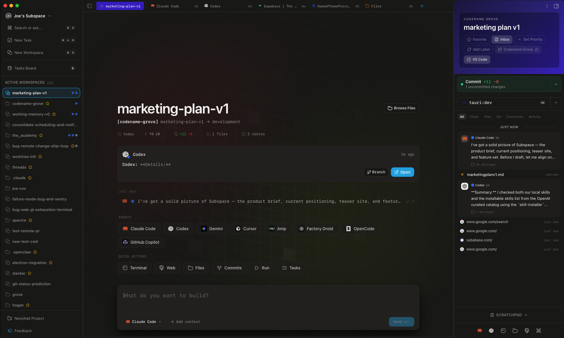 Subspace workspace showing multiple AI coding agents